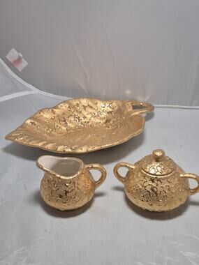 💥 Vintage 1950s WEEPING 22K GOLD - Bright, Hand Painted Cream & Sugar Set Tray
